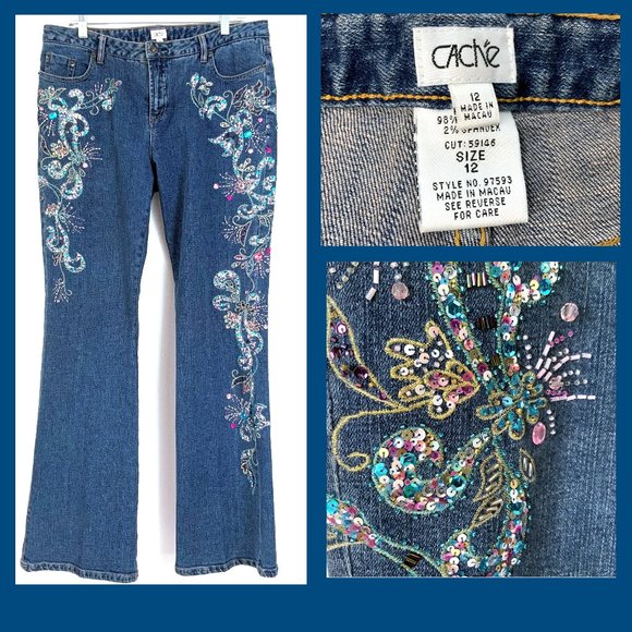 Cache Denim - Cache Bootcut Jeans Embellished Sequins Beads Embroidery Sz 12